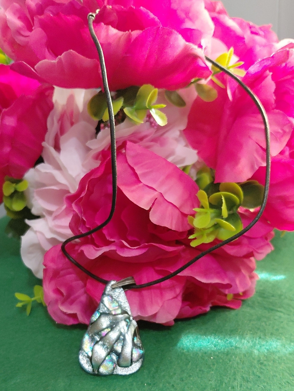 Handmade Iridescent Teardrop Pendant Necklace - Leather Cord